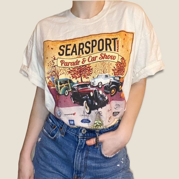 Vintage Tops - Vintage Cream Cottage Core Fall "Searsport Parade & Car Show" Graphic Tee Sz L